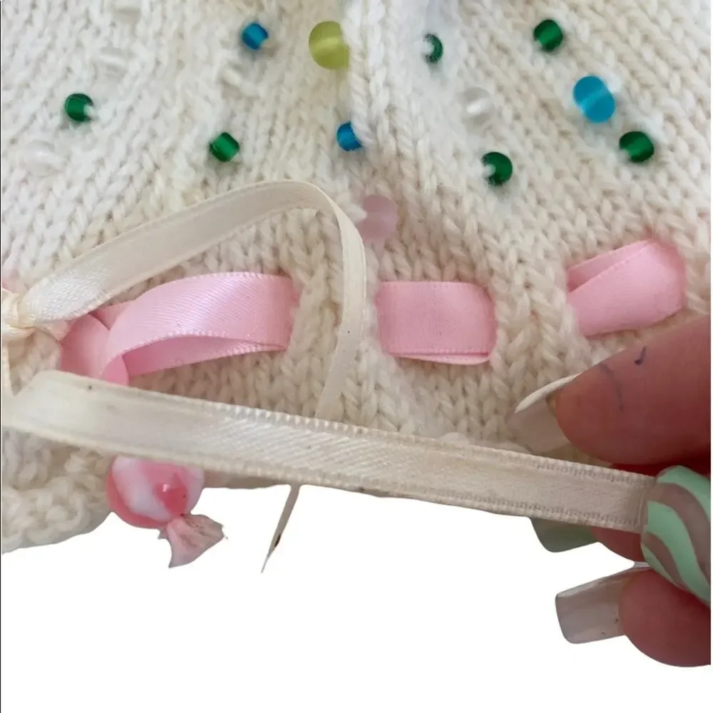 Vintage Handmade Baby Small Hat With Ribbon and Bead Accents